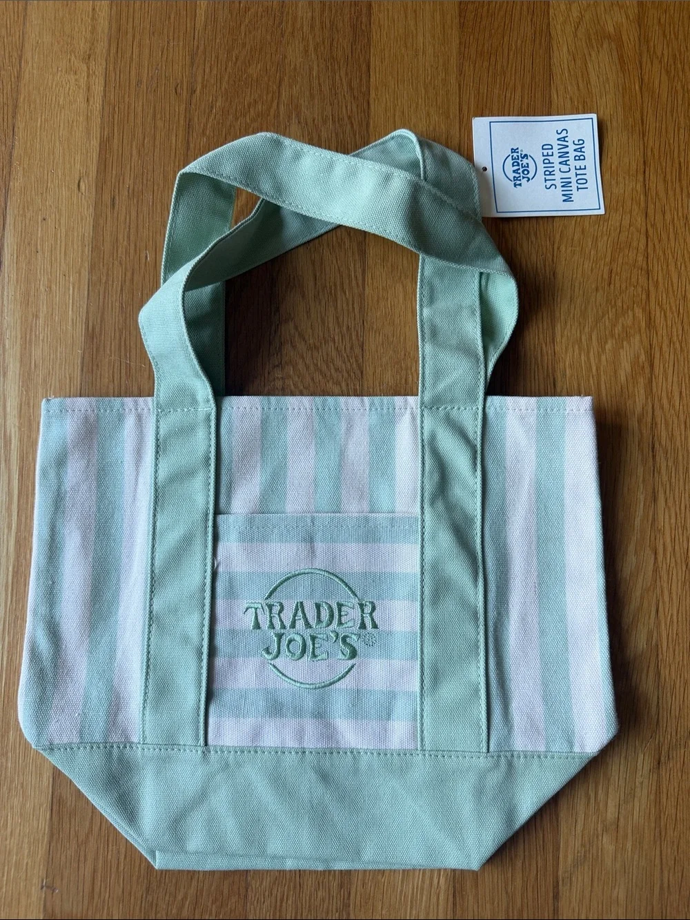 Trader Joe’s Green Mint Stripe Canvas Tote with Front Pocket NWT